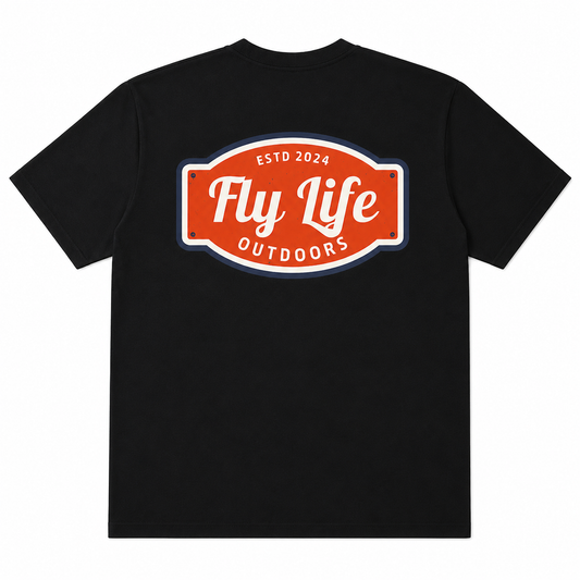 Heritage Badge Tee back view, black fly fishing shirt with large Estd 2024 Fly Life Outdoors vintage badge graphic centered on back