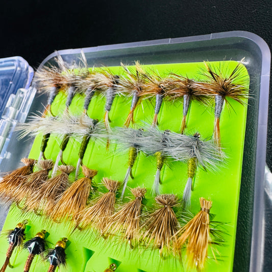 Close-up view of the bead head nymph patterns in the Mini Essentials Fly Box.