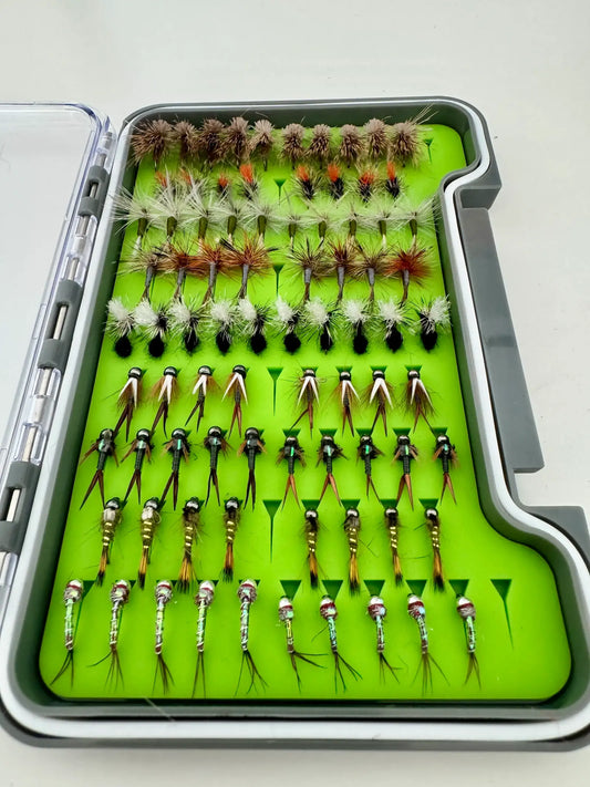 Angled view of the open Essentials Fly Box showing the full dry fly and nymph assortmen