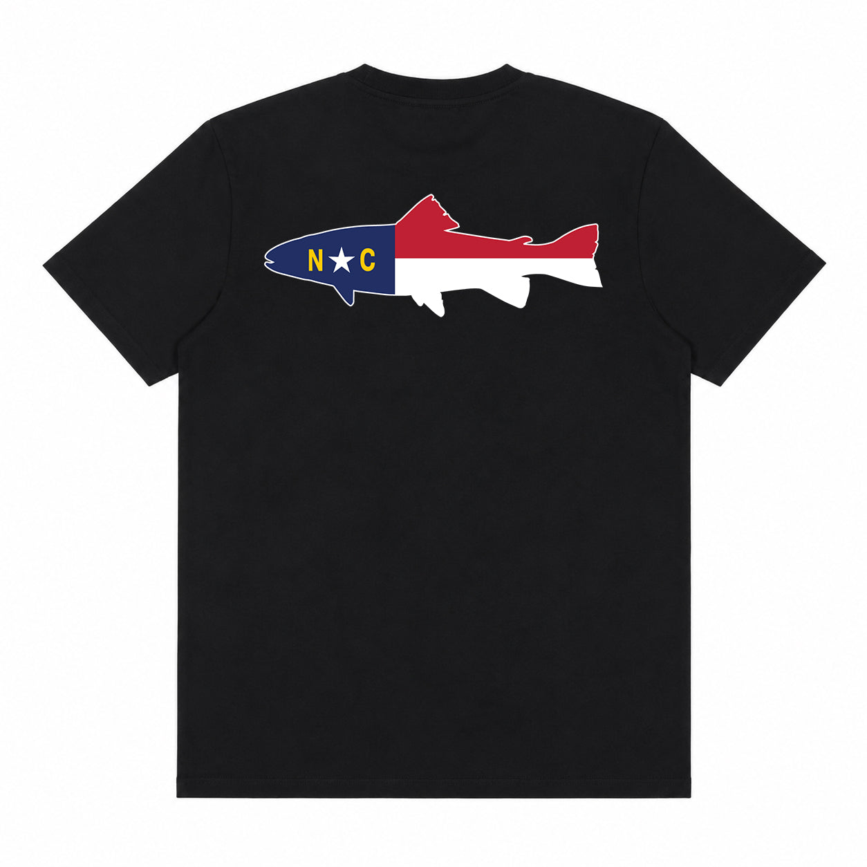 NC Trout Tee back view, black fly fishing shirt with large NC flag trout graphic centered on back