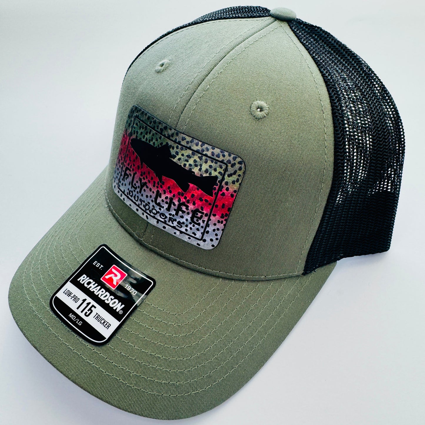Right angle view of The FLO 115 Trucker in Olive with Black Trout/Rainbow Trout patch | Olive/Black