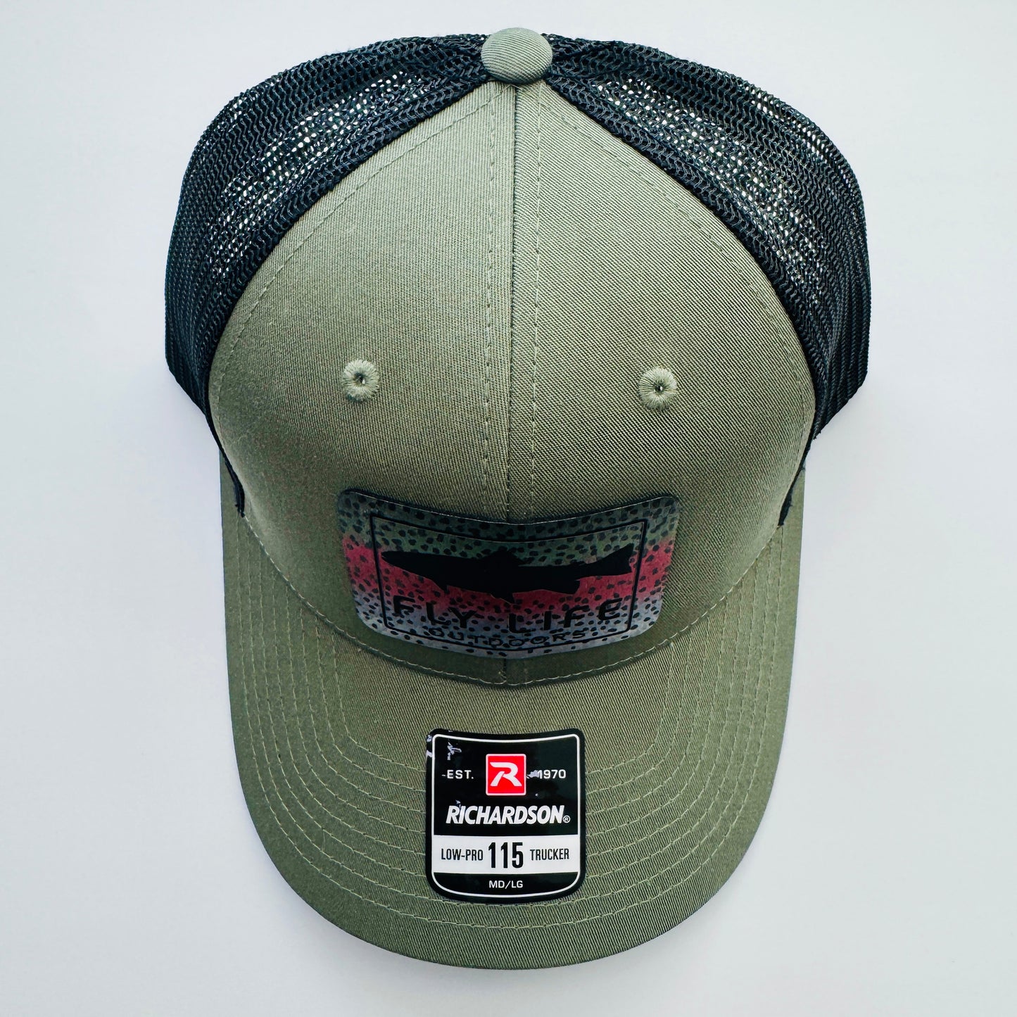 Top view of The FLO 115 Trucker in Olive with Black Trout/Rainbow Trout patch | Olive/Black