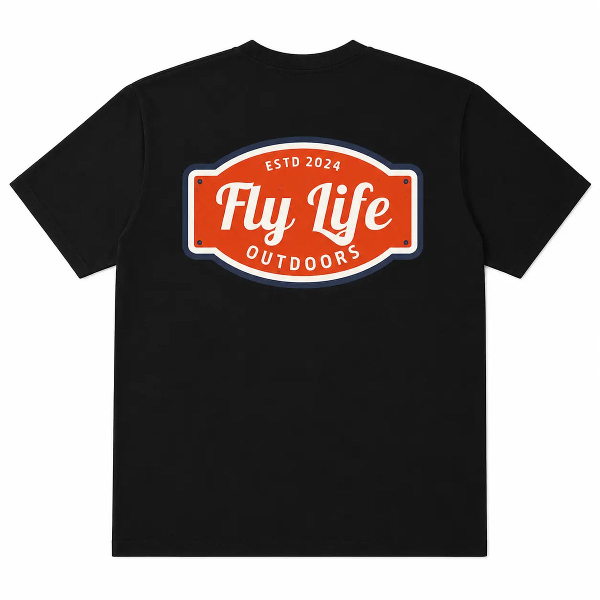 Heritage Badge Tee back view, black fly fishing shirt with large Estd 2024 Fly Life Outdoors vintage badge graphic centered on back