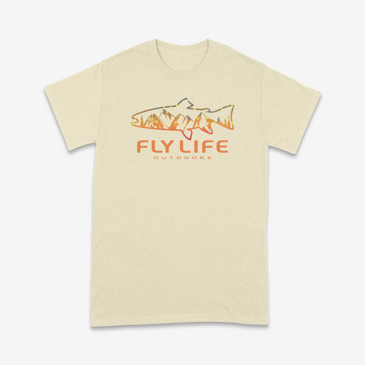 Front of The Horizon Trout Tee in a natural cream color with a colorful design.