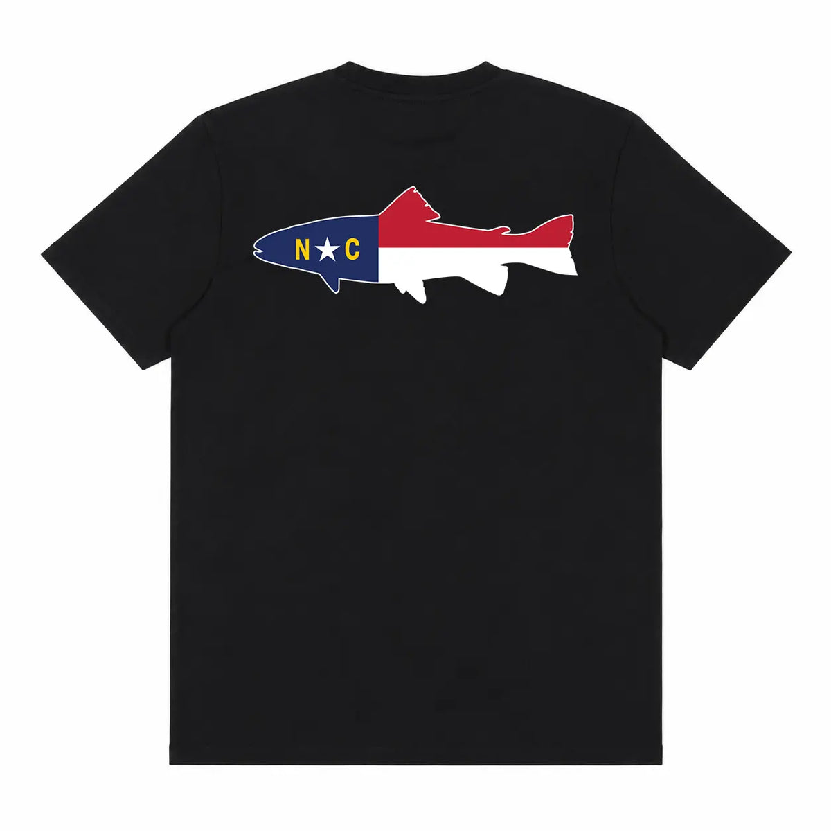NC Trout Tee back view, black fly fishing shirt with large NC flag trout graphic centered on back