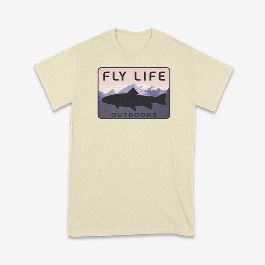 A front view of a Fly Life Outdoors t-shirt, The Ridgeline Trout design, in natural | Natural