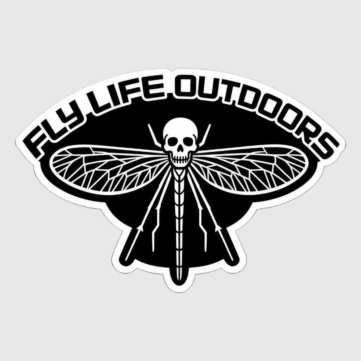 Black and white Fly Life Outdoors sticker featuring a winged insect with a skull and skeletal body