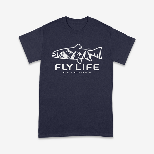 A Fly Life Outdoors t-shirt with the Mountain Cut design in navy blue.