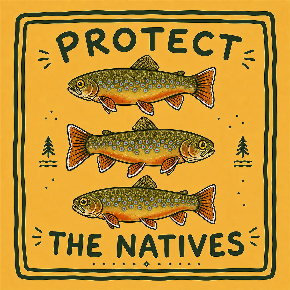 Three illustrated brook trout on a golden yellow sticker with green Protect the Natives lettering