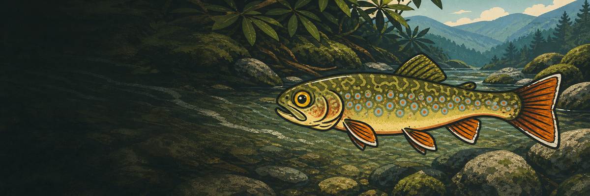 Brookie Rush game fish swimming through a Southern Appalachian headwater stream