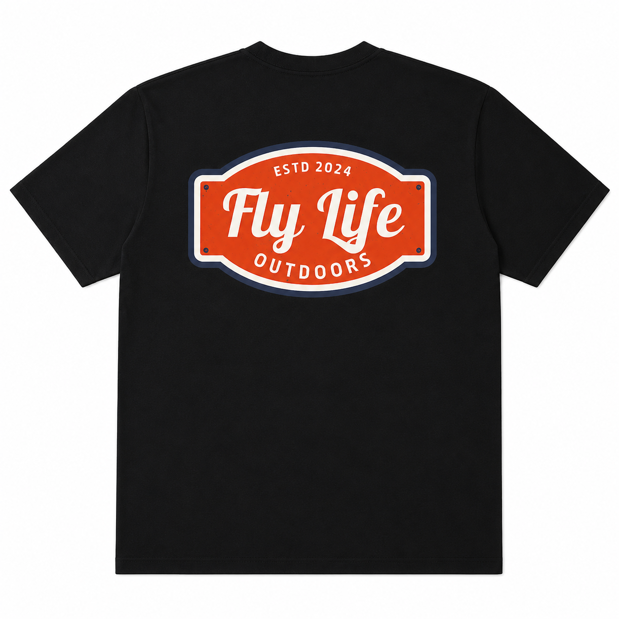 Heritage Badge Tee back view, black fly fishing shirt with large Estd 2024 Fly Life Outdoors vintage badge graphic centered on back