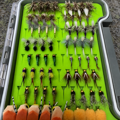 All-Water Arsenal fly box overhead view showing complete assortment of dry flies, tungsten nymphs, and Zebra Midges organized by section for North Carolina trout water