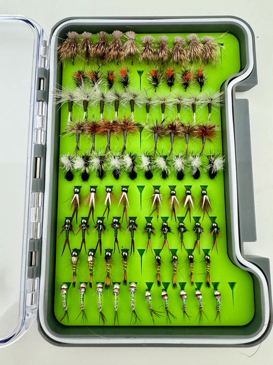 Fly Life Outdoors Essentials Fly Box open with rows of dry flies, Parachute Ants and beadhead nymphs