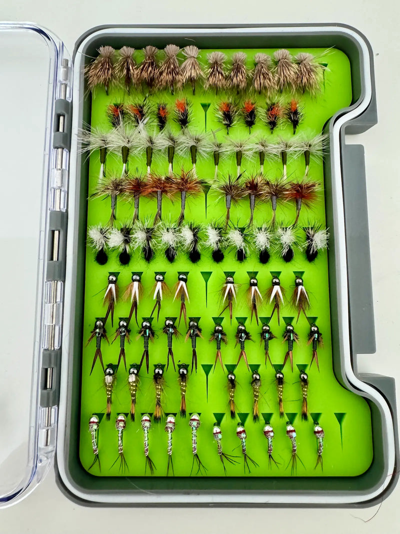 Fly Life Outdoors Essentials Fly Box open with rows of dry flies, Parachute Ants and beadhead nymphs