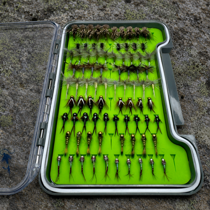 Essentials loaded fly box open on river rock displaying 82 hand-tied trout flies organized by pattern from dry flies to tungsten nymphs and midges for North Carolina trout fishing