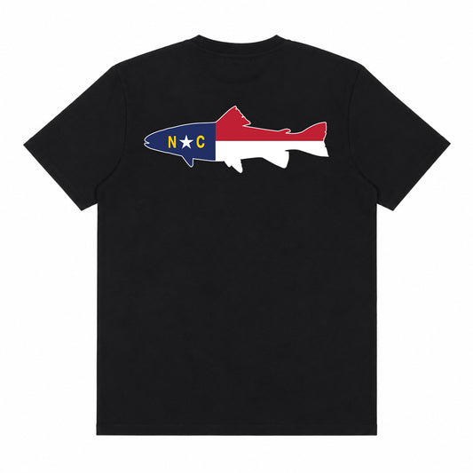 NC Trout Tee back view, black fly fishing shirt with large NC flag trout graphic centered on back