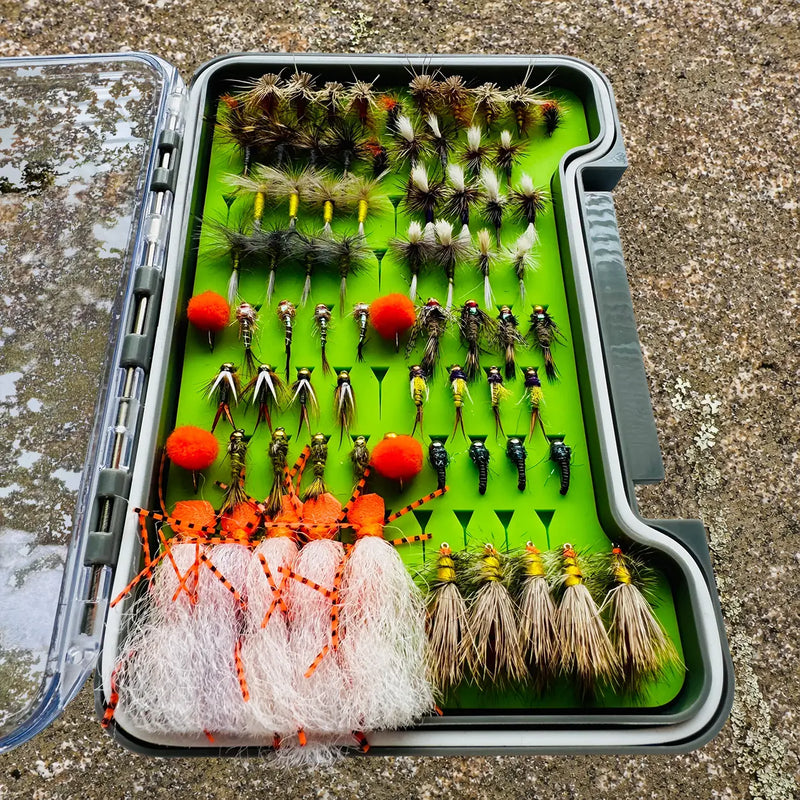All Water Arsenal Fly Box open showing dry flies, midges, nymphs, and terrestrials arranged on green foam insert