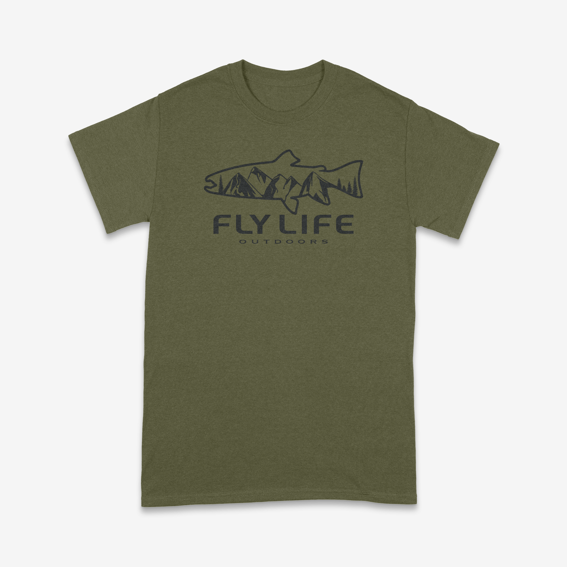 A Fly Life Outdoors t-shirt with the Mountain Cut design in military green.