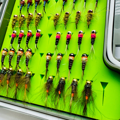 The Depth Charge Fly Box by Fly Life Outdoors showing an angled shot of the bottom row of flies.