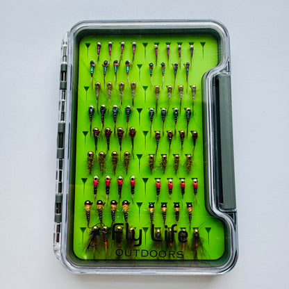 The Depth Charge Fly Box by Fly Life Outdoors in a closed overhead shot showing off the sturdy fly box that protects the flies.