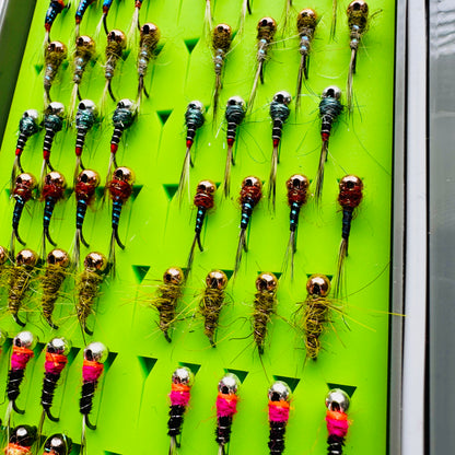The Depth Charge Fly Box by Fly Life Outdoors showing an angled shot of the middle row of flies.