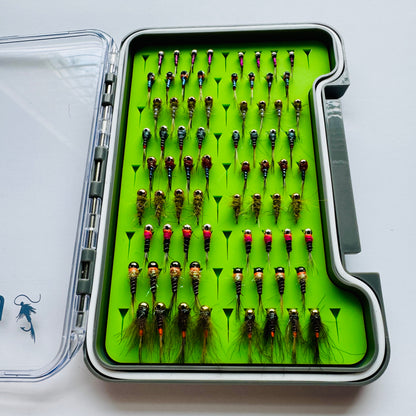 The Depth Charge Fly Box by Fly Life Outdoors showing an angled front shot of the open box.