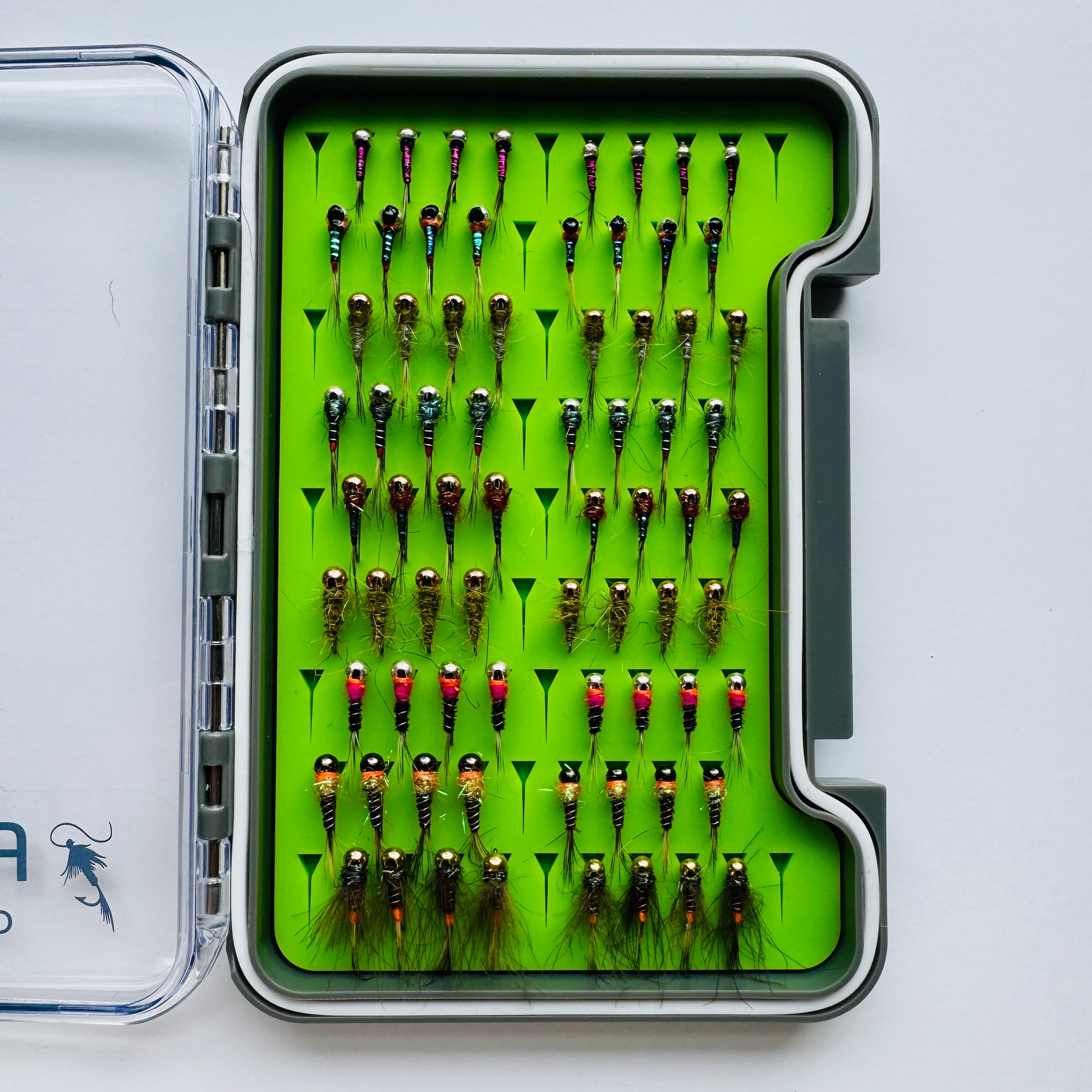 The Depth Charge Fly Box by Fly Life Outdoors on a white background showing the 72 flies included in the box.