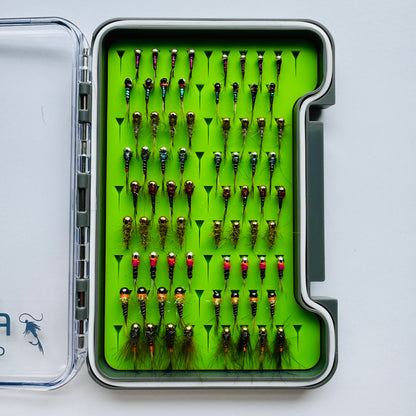 The Depth Charge Fly Box by Fly Life Outdoors on a white background showing the 72 flies included in the box.