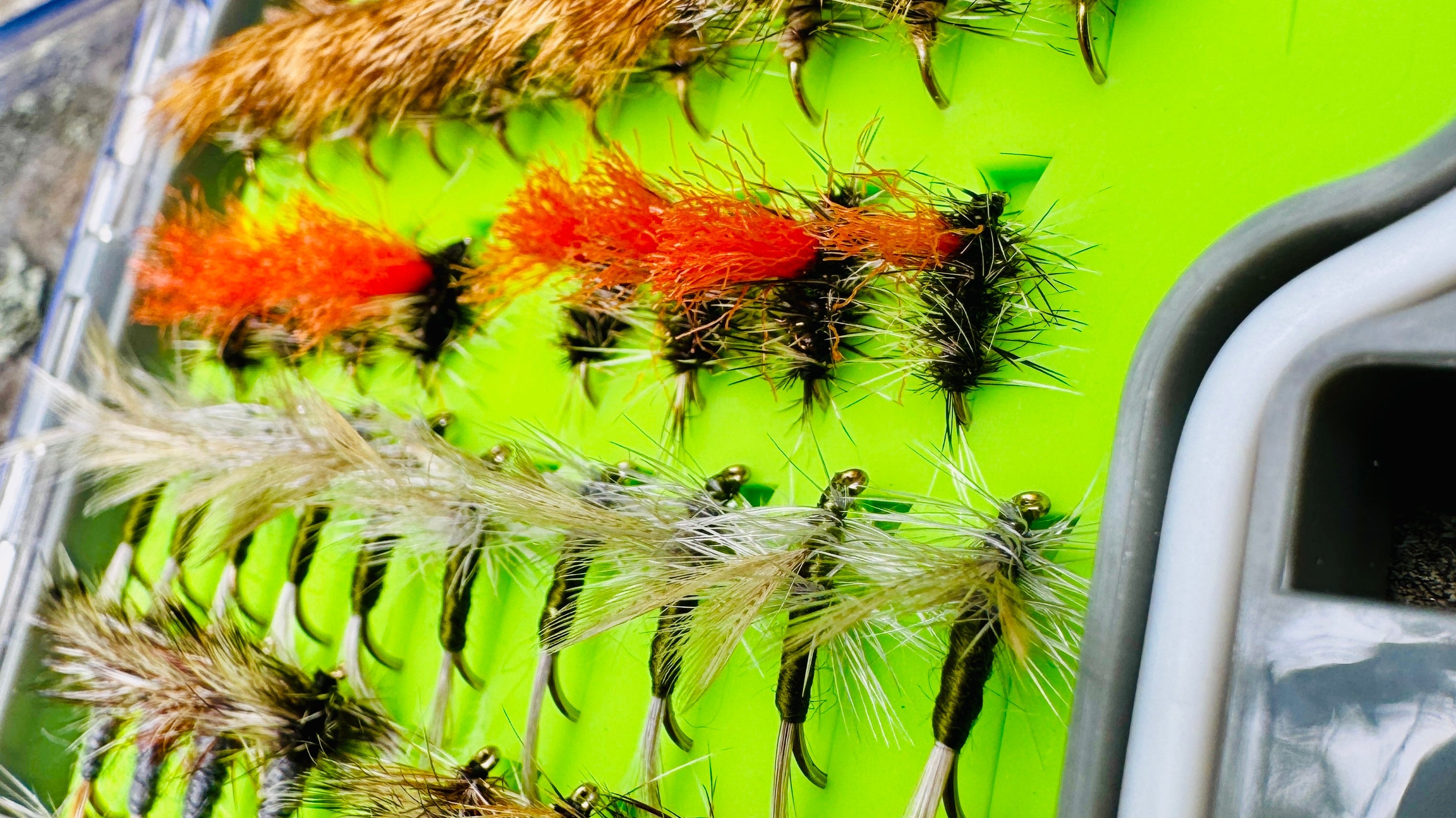 A detailed close-up of the dry fly selection in The Essentials Fly Box, including Elk Hair Caddis and Adams patterns.