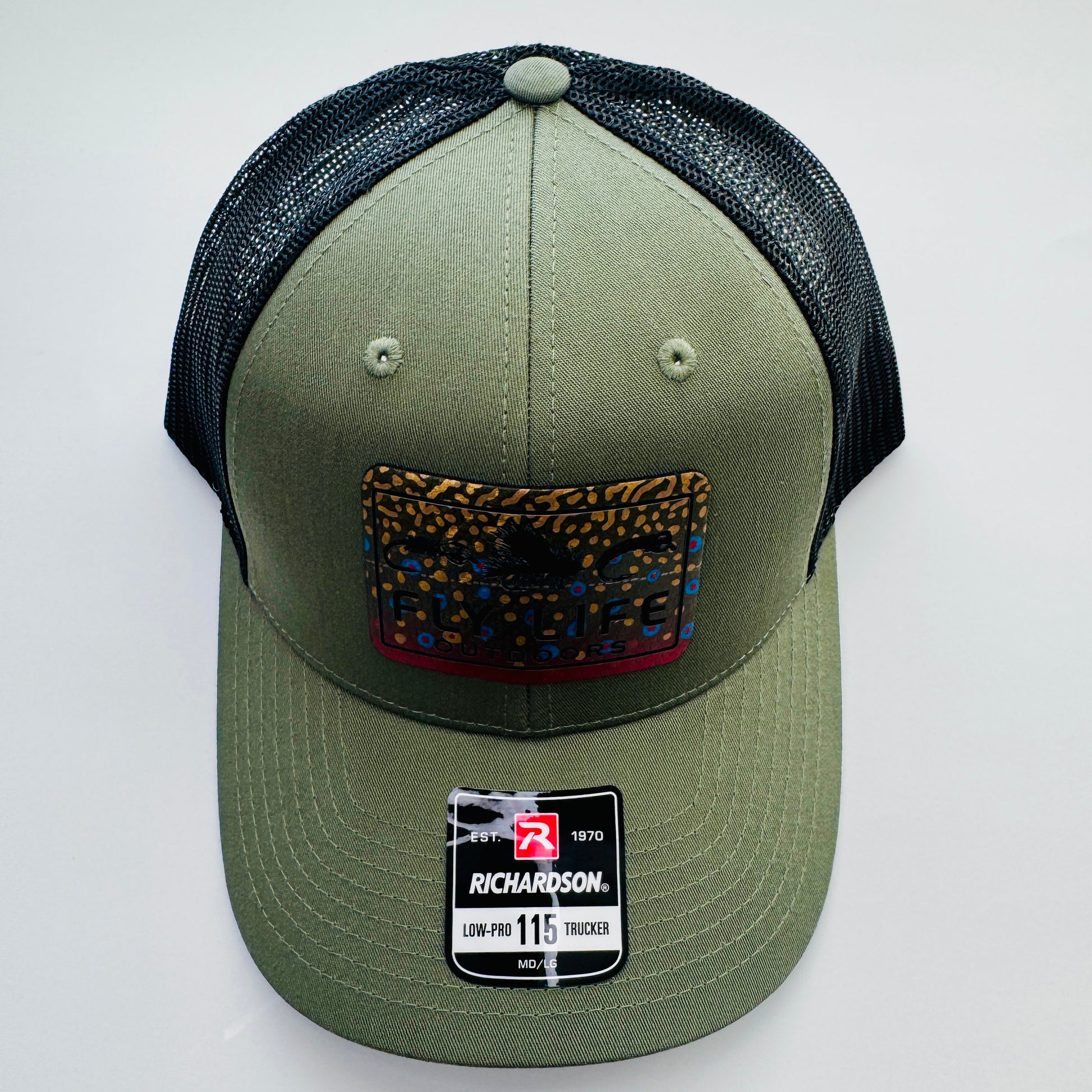 Top view of The FLO 115 Trucker in Olive with Black Tri-Fly/Brook Trout patch | Olive/Black