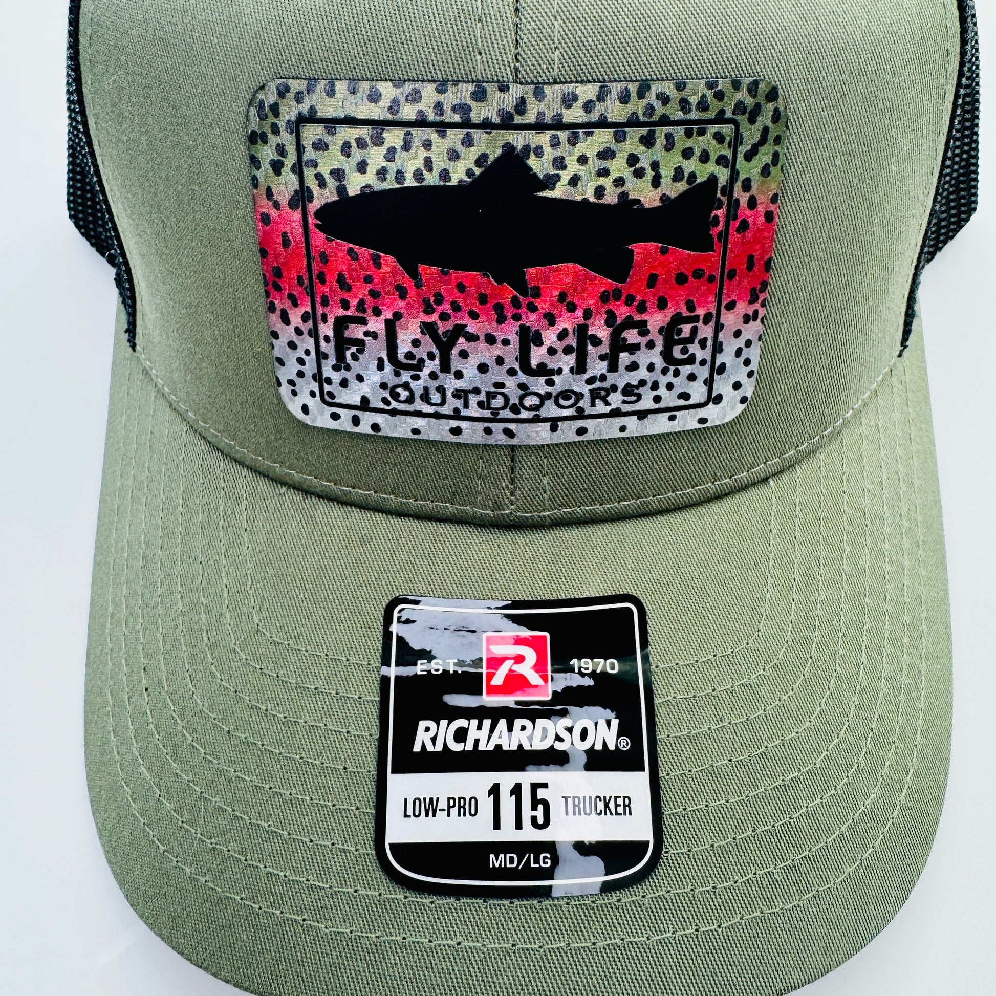Patch and bill view of The FLO 115 Trucker in Olive with Black Trout/Rainbow Trout patch | Olive/Black