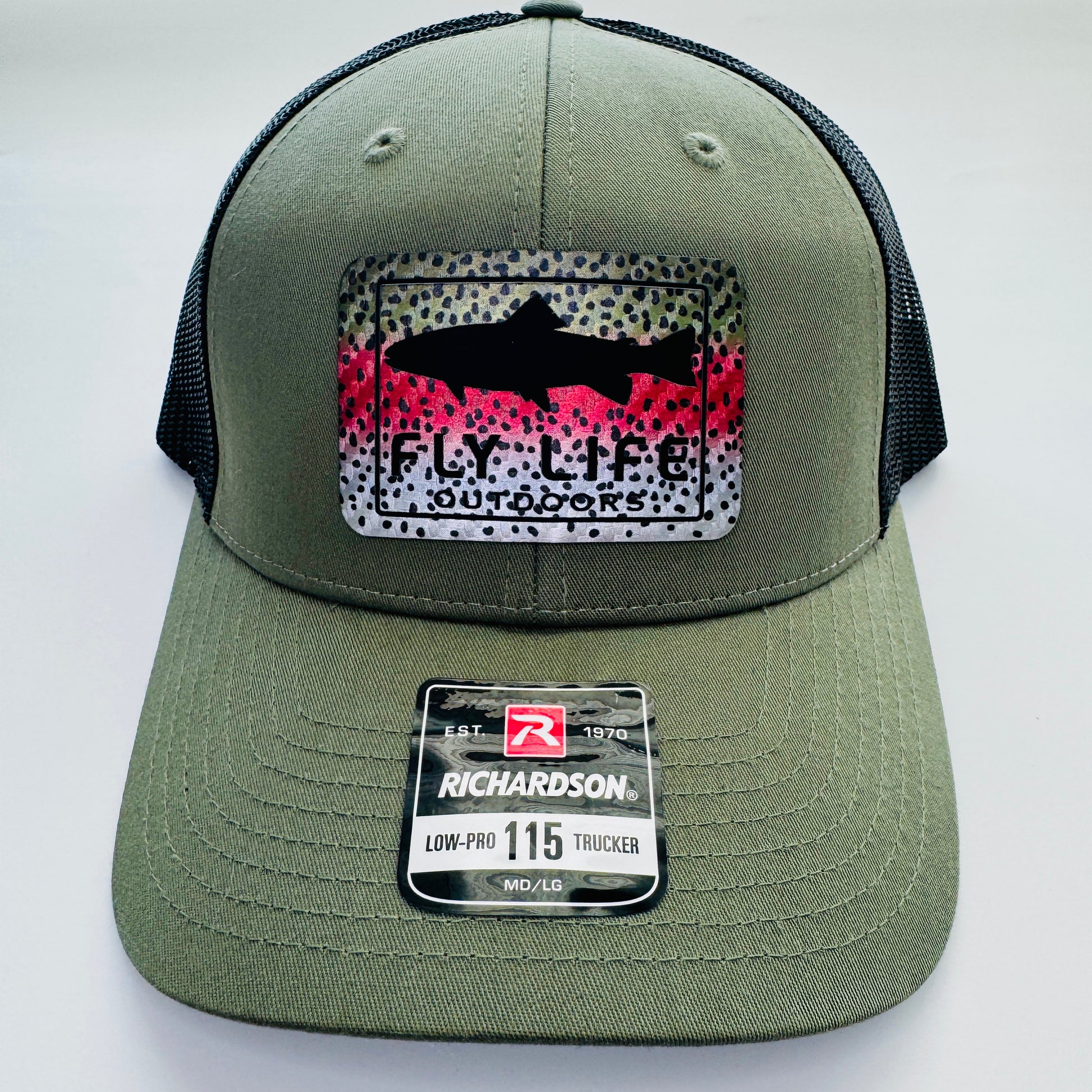 Front view of The FLO 115 Trucker in Olive with Black Trout/Rainbow Trout patch | Olive/Black