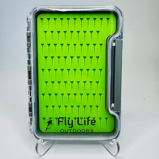The Guardian Fly Box (Large) from Fly Life Outdoors, showing the 88-slot high-grip green silicone insert.