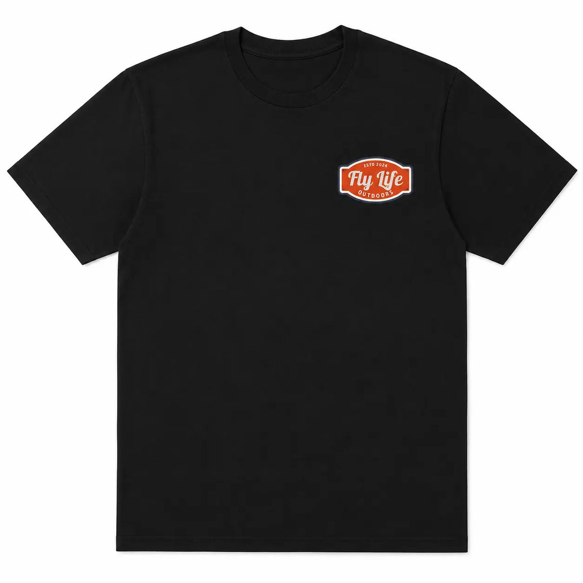 Heritage Badge Tee front view, black fly fishing shirt with small Fly Life Outdoors vintage badge on left chest