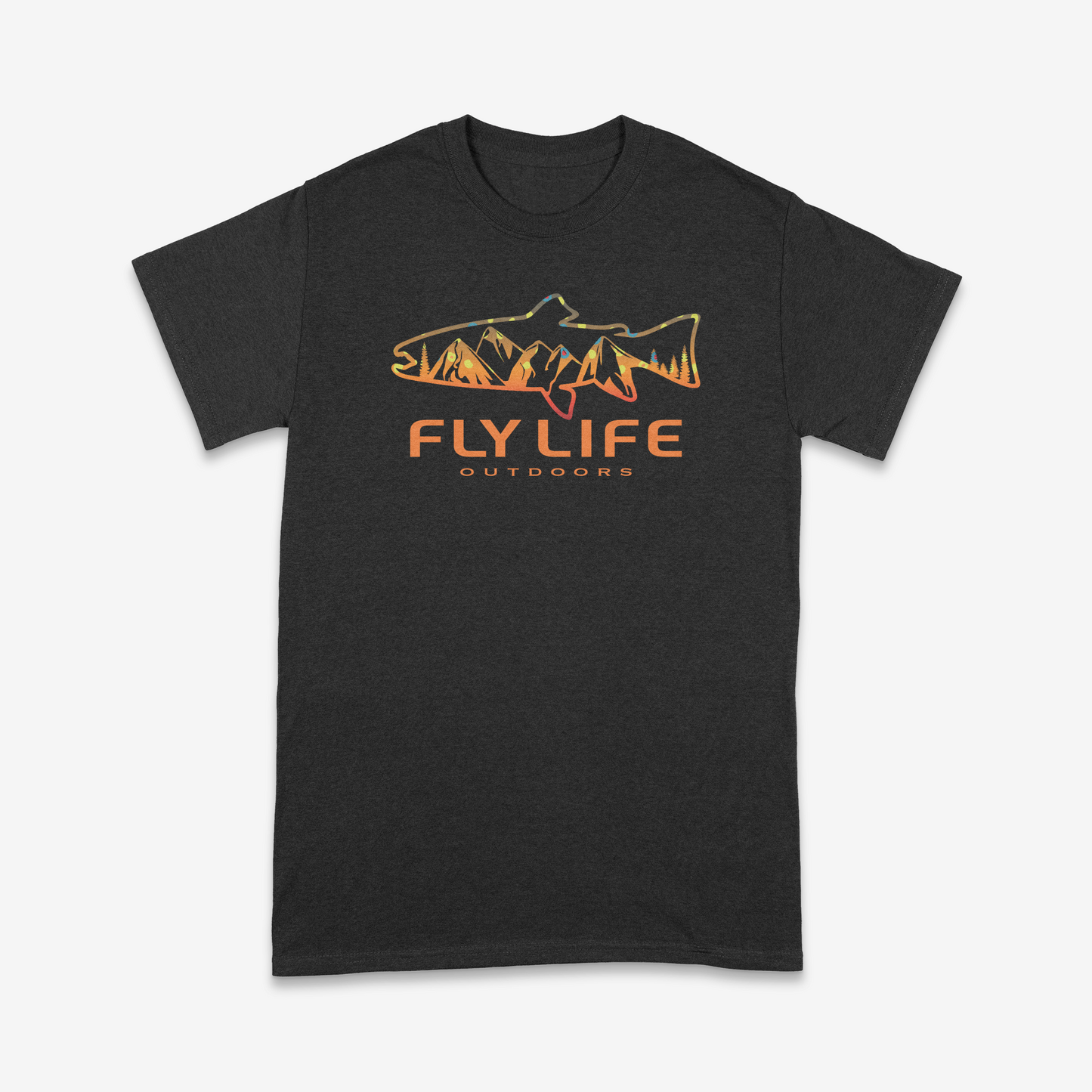 Front of The Horizon Trout Tee in black with a colorful sunset graphic.