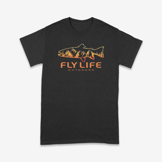 Front of The Horizon Trout Tee in black with a colorful sunset graphic.
