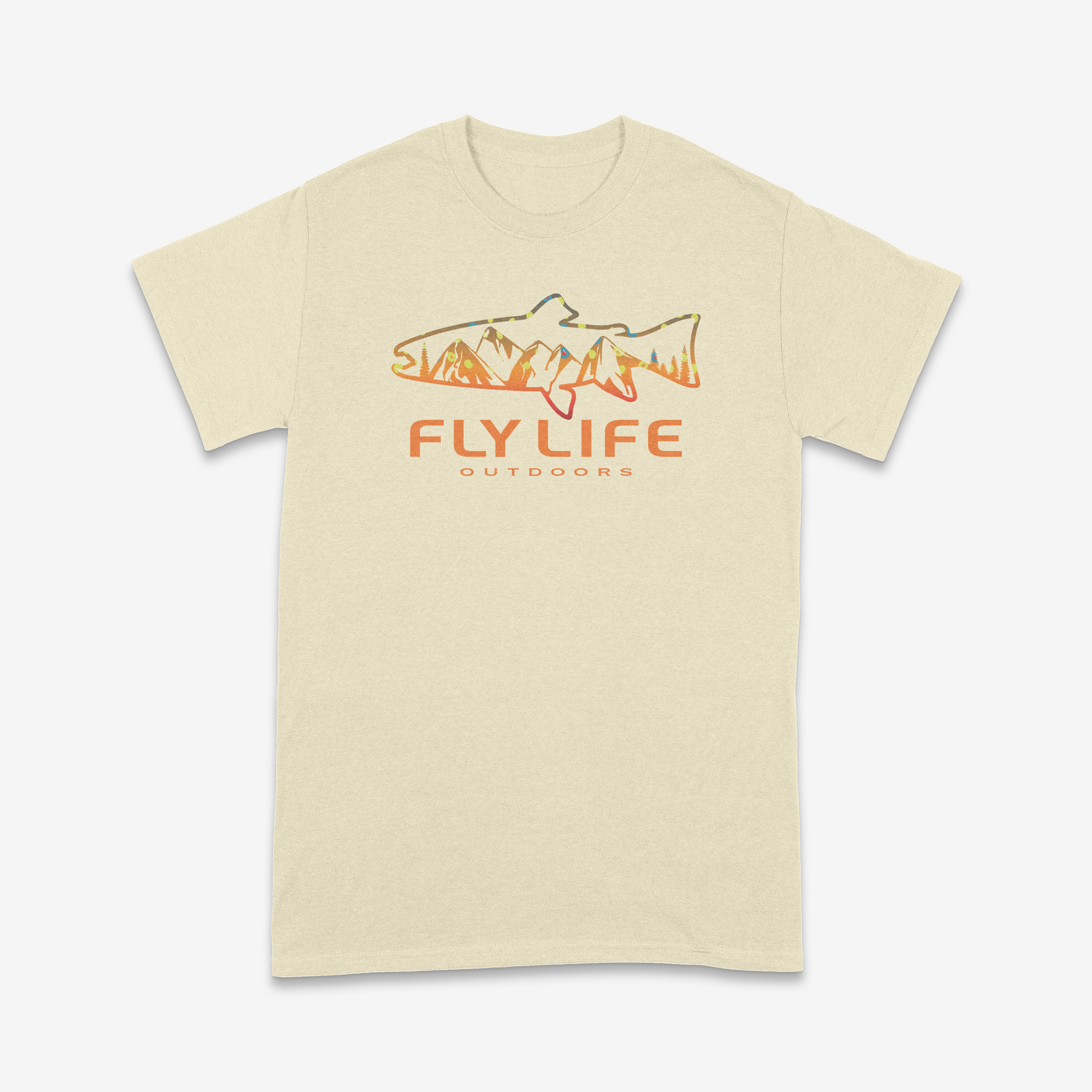 Front of The Horizon Trout Tee in a natural cream color with a colorful design.