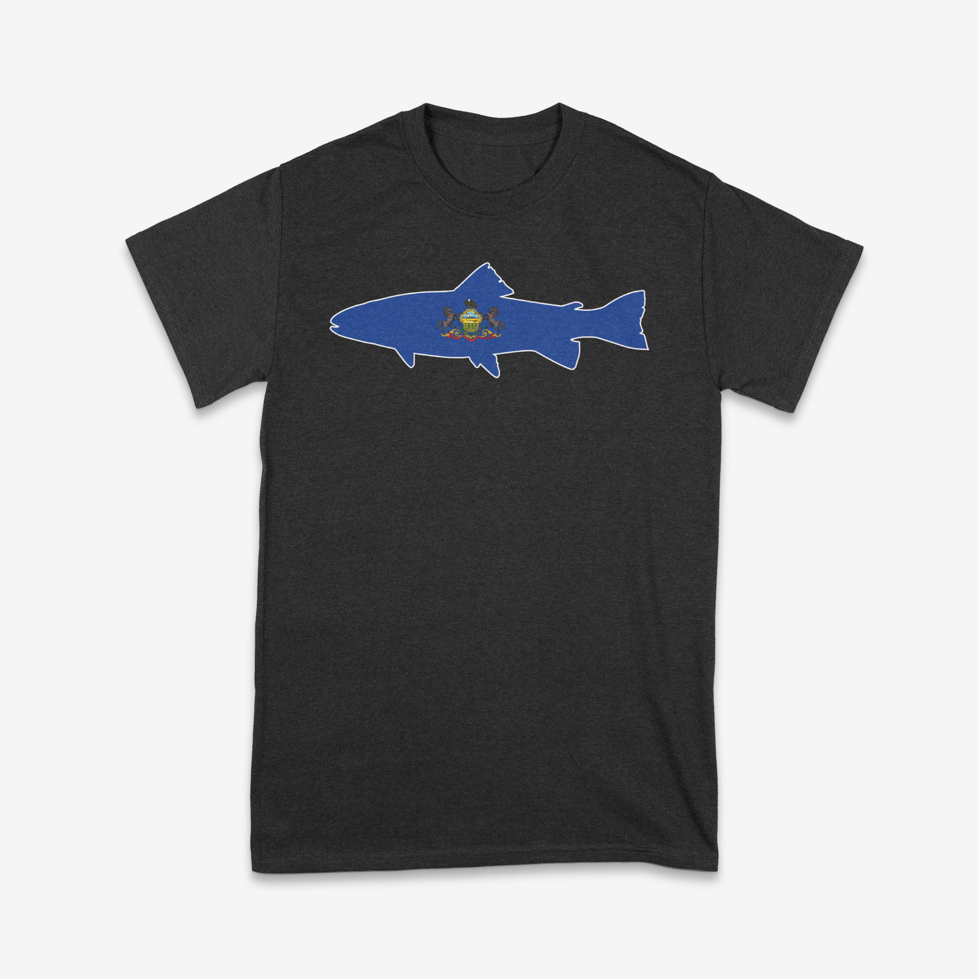 Front view of The Keystone Trout Tee in black, showing the Pennsylvania state flag design.