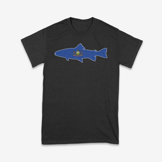 Front view of The Keystone Trout Tee in black, showing the Pennsylvania state flag design.