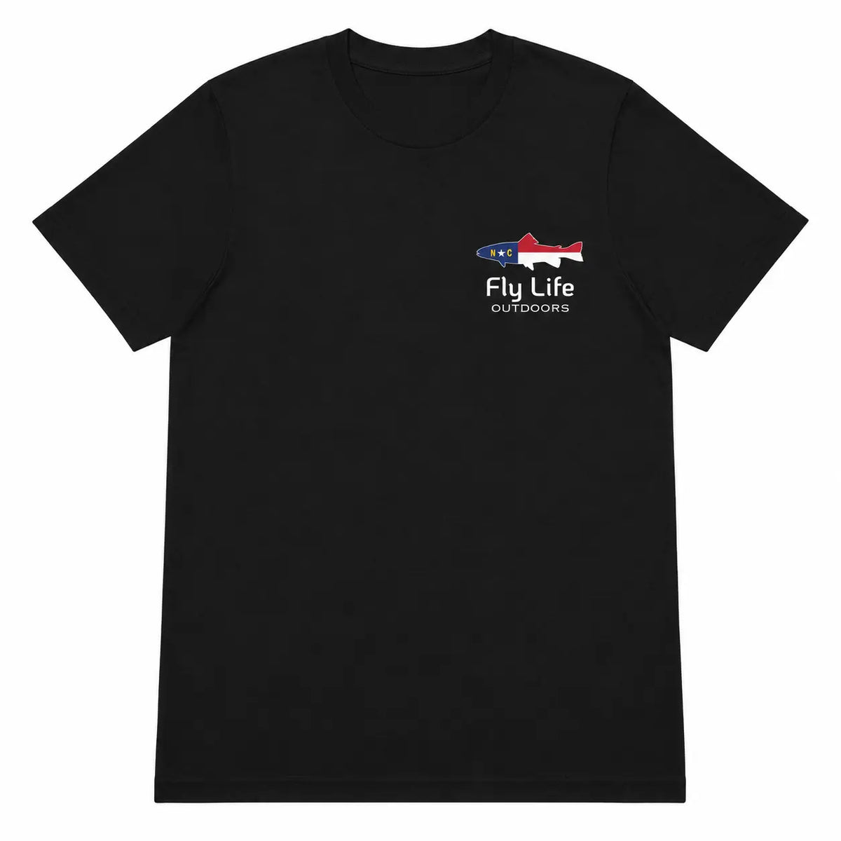 NC Trout Tee front view, black fly fishing shirt with NC flag trout logo on left chest