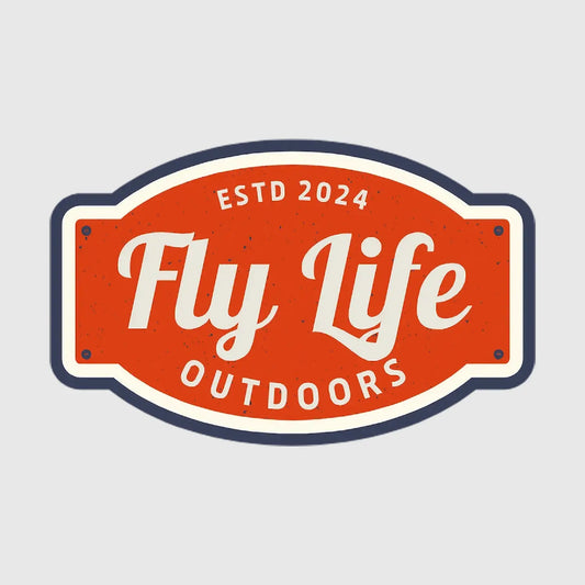 Orange Fly Life Outdoors badge sticker with cream lettering, a navy border, and ESTD 2024 text