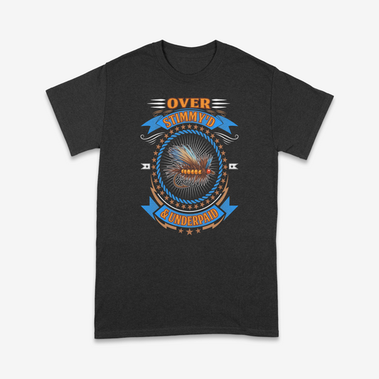 Front of The Over Stimmy'd Tee in black, a funny fly fishing shirt from Fly Life Outdoors.