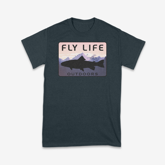 A front view of a Fly Life Outdoors t-shirt, The Ridgeline Trout design, in dark heather | Dark Blue Heather