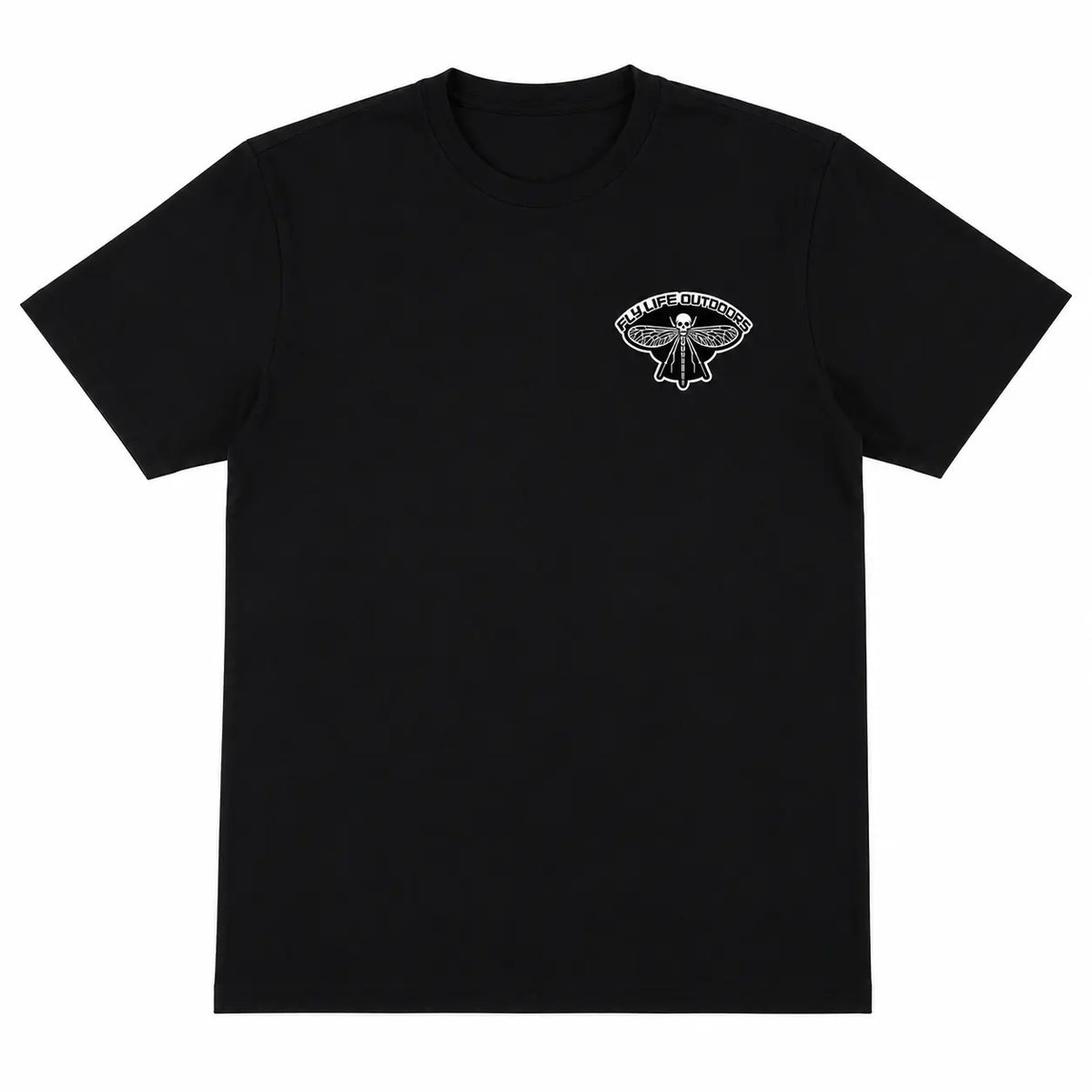 Fly Life Outdoors Skeleton Fly Tee front view with left chest skull stonefly logo
