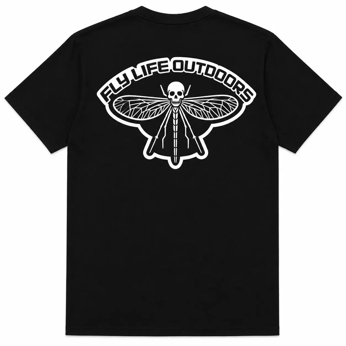 Fly Life Outdoors Skeleton Fly Tee back graphic with skull stonefly design and arched logo