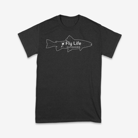 Front view of The Topo Trout Tee in black with a trout and topographic map graphic | Black