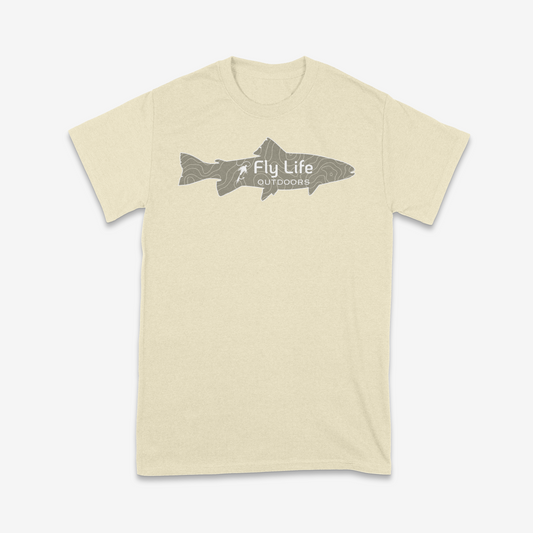Front view of The Topo Trout Tee in natural with a trout and topographic map graphic | Natural