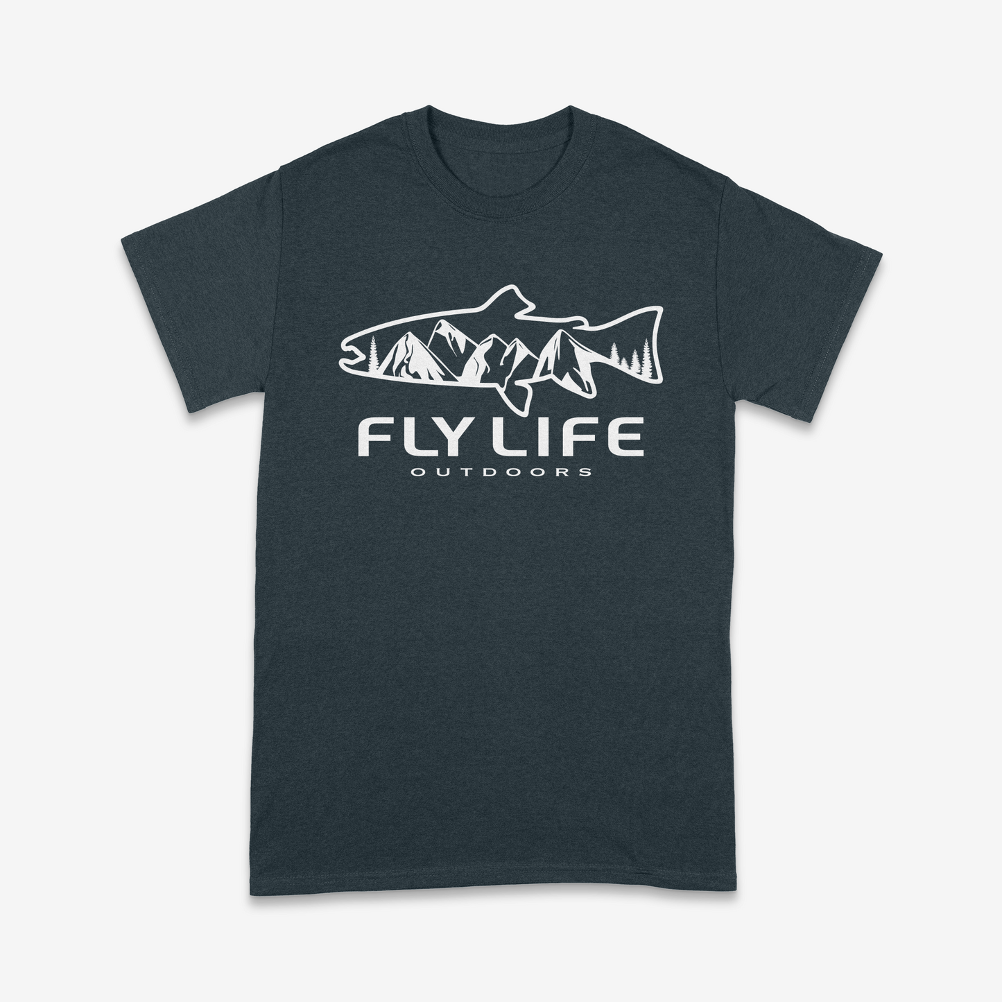 A Fly Life Outdoors t-shirt with the Mountain Cut design in dark heather blue.