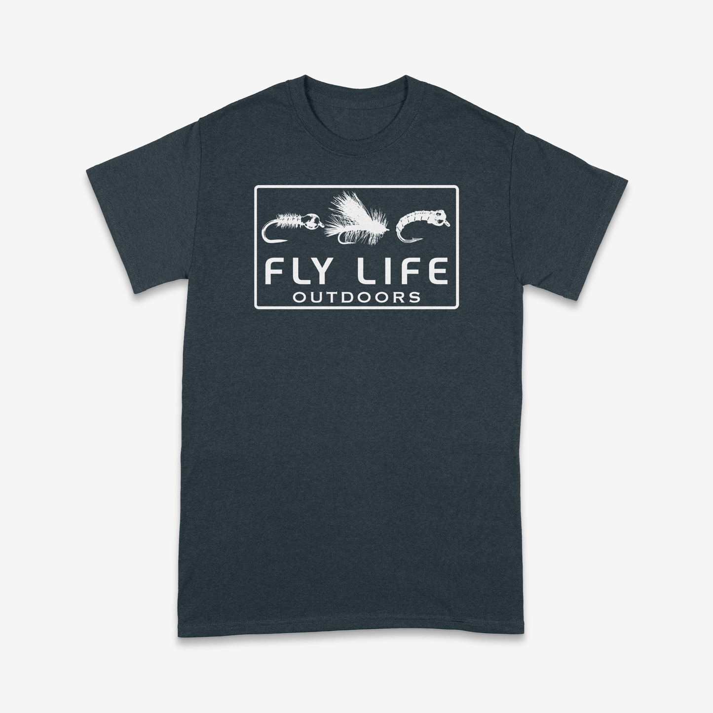 Front of The Tri-Fly Tee in a dark heather gray color.
