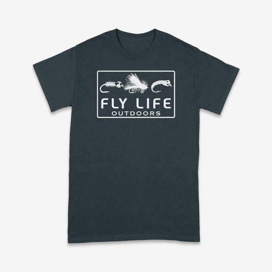 Front of The Tri-Fly Tee in a dark heather gray color.